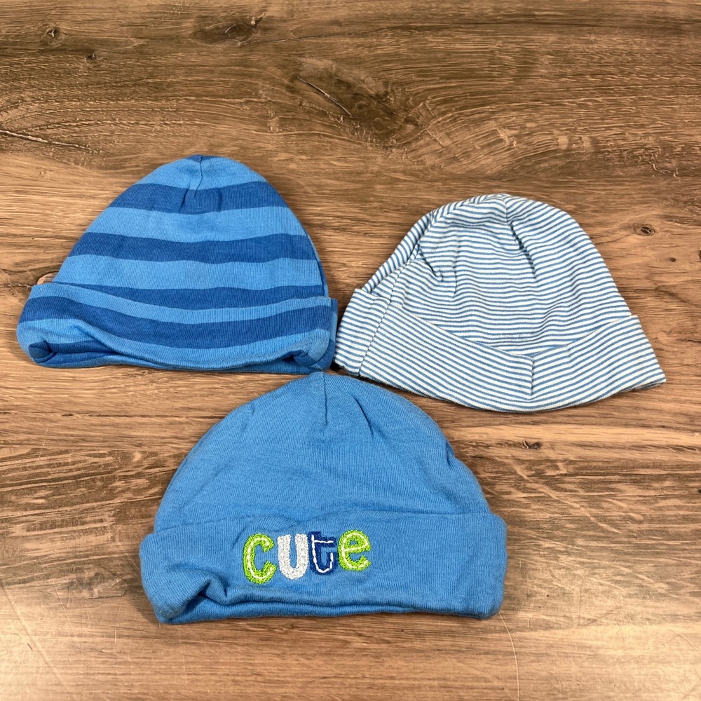 Gerber Beanie Hat Set Baby 0-6 Months Blue Striped Cotton Cute 3 Pack